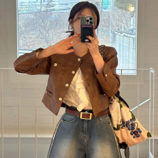 批发尺寸已更新 韩版复古帅气圆领双口袋宽松百搭BF风机车服皮衣外套