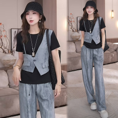 批发官图休闲套装<b class='q'>女</b>夏新款欧洲站撞色拼接假两件短袖上衣阔腿裤<b class='q'>两件</b>套