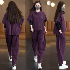 批发实拍2025春季新款胖MM时尚减龄宽松显廋立领半袖上衣<b class='q'>哈伦裤</b>两件套