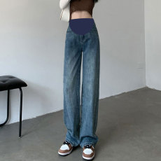 批发3XL九分长裤孕妇牛仔裤春秋外穿大码宽松直筒打底裤孕妇春装阔裤