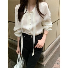 批发韩国chic春季法式V领飘带<b class='q'>长袖</b><b class='q'>衬衫</b>女气质百搭<b class='q'>衬衣</b>