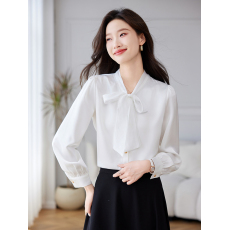 批发<b class='q'>白色</b>蝴蝶结系带长袖衬衫女2026春秋新款宽松时尚百搭上衣