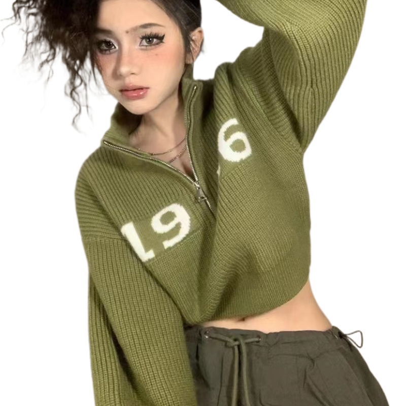 Korean sweet hottie pure lust style short high-end knitted sweater for women high collar half zipper chic beautiful green sweater