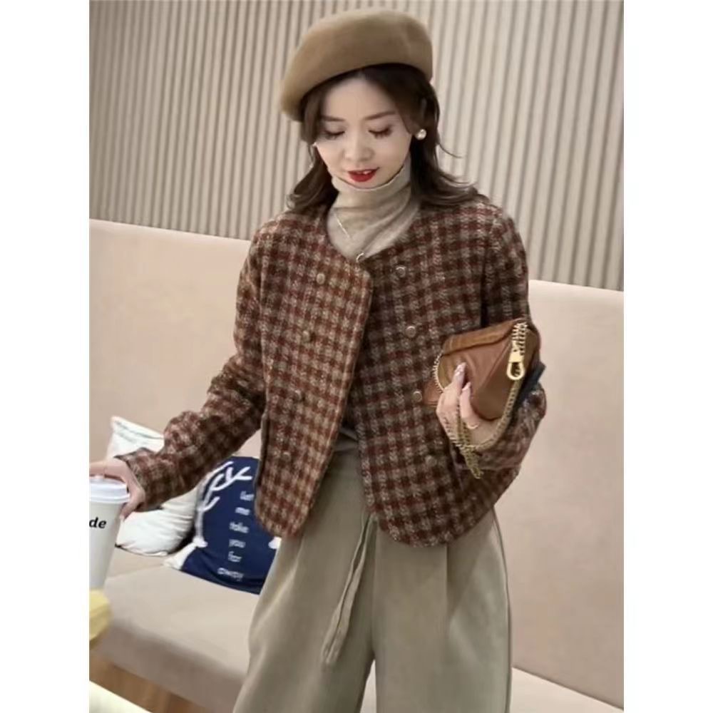 小香风格子短外套女2024春秋季小个子气质名媛设计感夹克上衣短款-y