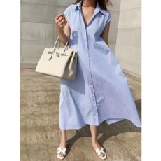 批发韩国东大门新款条纹无袖坎肩<b class='q'>连衣裙</b>衬衣长裙两侧有口袋配腰带