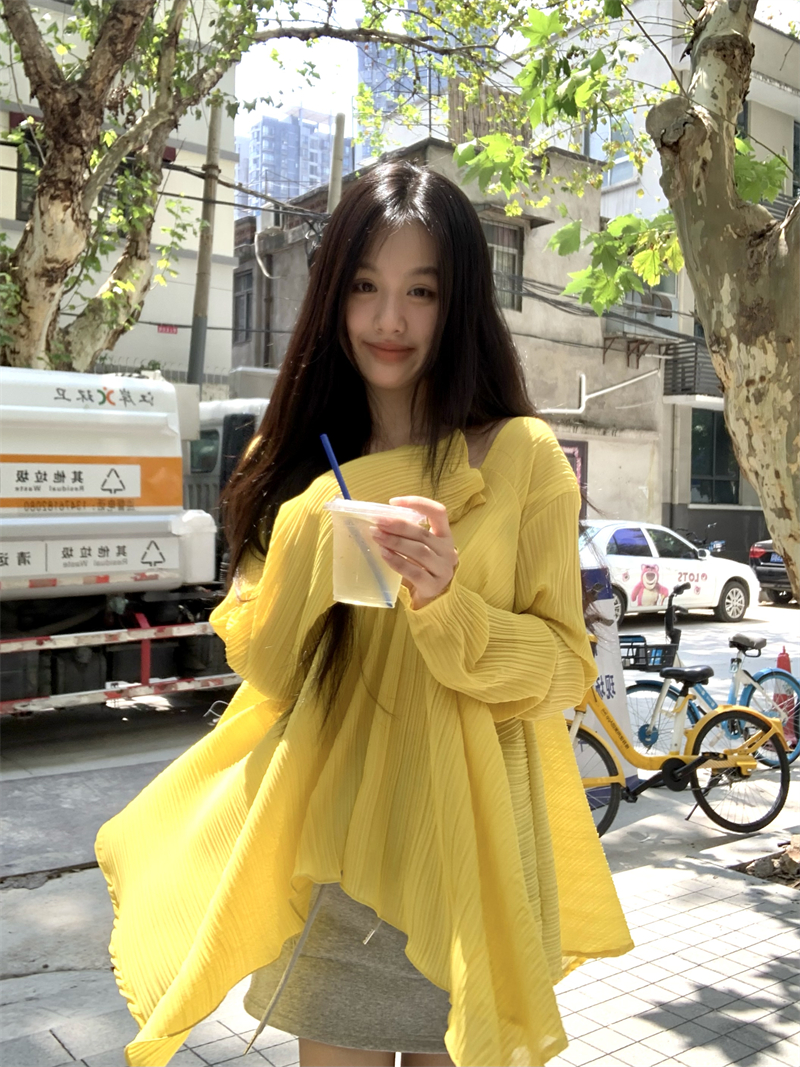 FA13391# 春夏新款不规则设计感褶皱纯欲衣长防晒上衣 服裝批發女裝批發服飾貨源