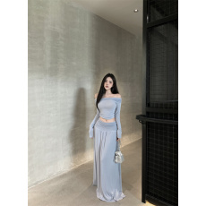 批发实价实拍 秋冬一字肩修身<b class='q'>T</b><b class='q'>恤</b>长袖上衣中长款显瘦褶皱半身裙套装