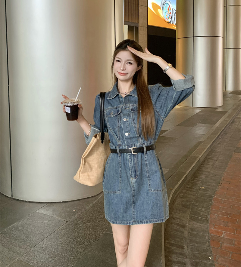 홍콩 느낌 레트로 고급 센스 워크웨어 바람 데님 여성 드레스 소금 부서 착용 가져 가라. 허리 수축 슬림해 보이는 품격 미니 스커트