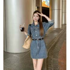 批发港味复古高级感工装风牛仔连衣裙女盐系穿搭收腰显瘦气质短裙