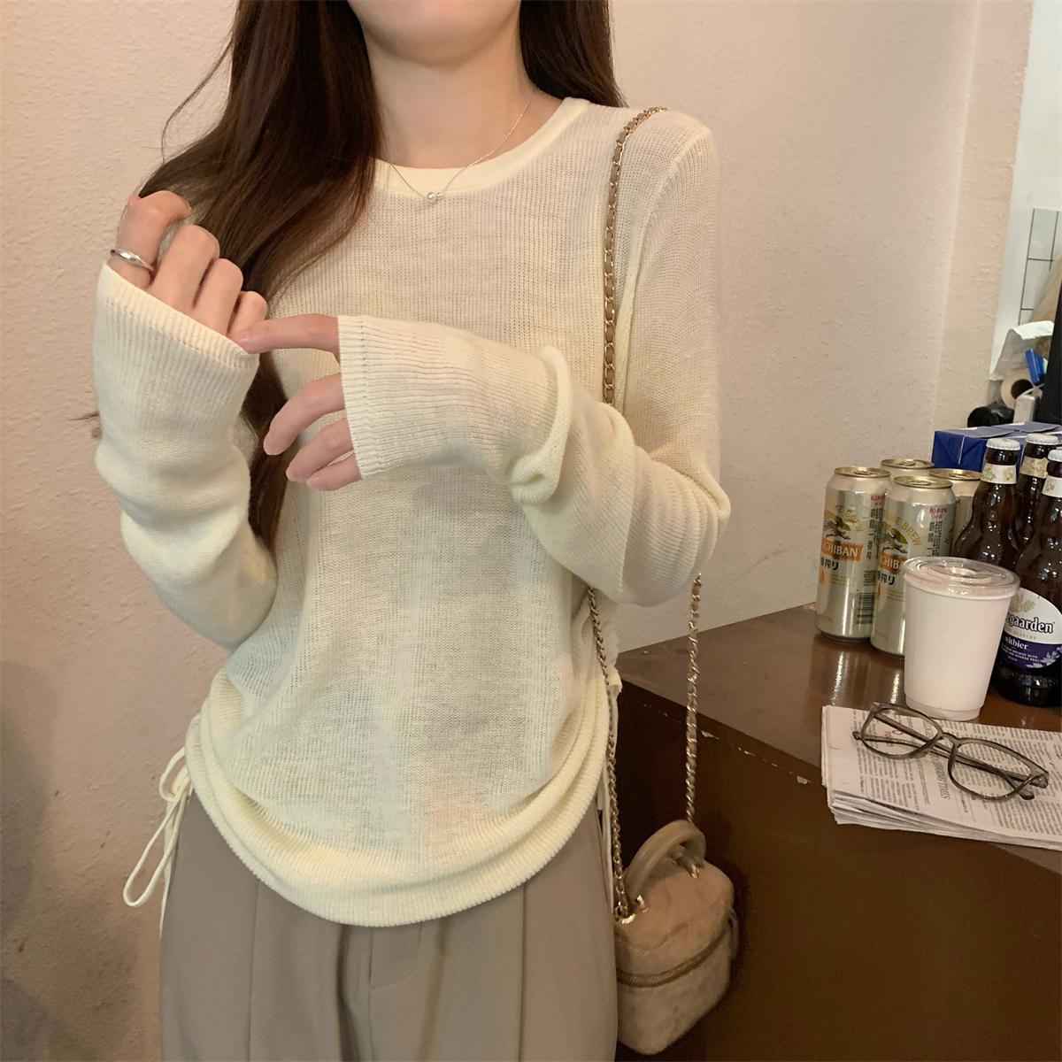 Real shot of autumn Korean style loose round neck drawstring versatile lazy 6 wool sweater long-sleeved bottoming top