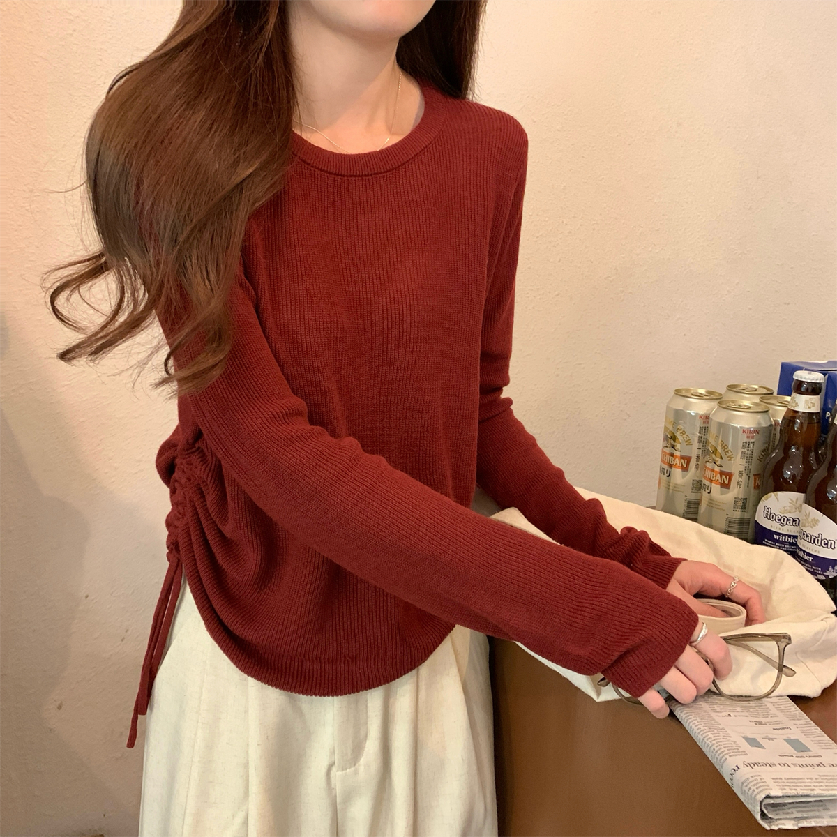 Real shot of autumn Korean style loose temperament drawstring versatile lazy 6 wool sweater long-sleeved bottoming top