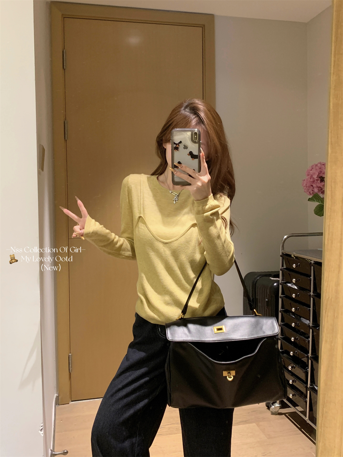 Real shot of autumn Korean style loose fake two-piece lazy and versatile 6 wool sweater bottoming long-sleeved top for women