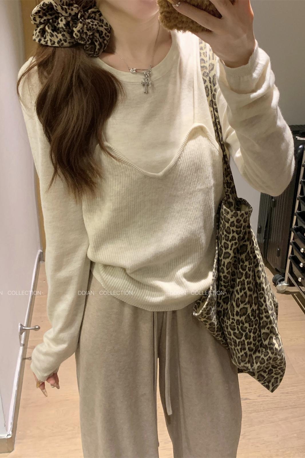 Real shot of 2024 new autumn loose fake two-piece lazy and versatile 6 wool sweater bottoming long-sleeved top