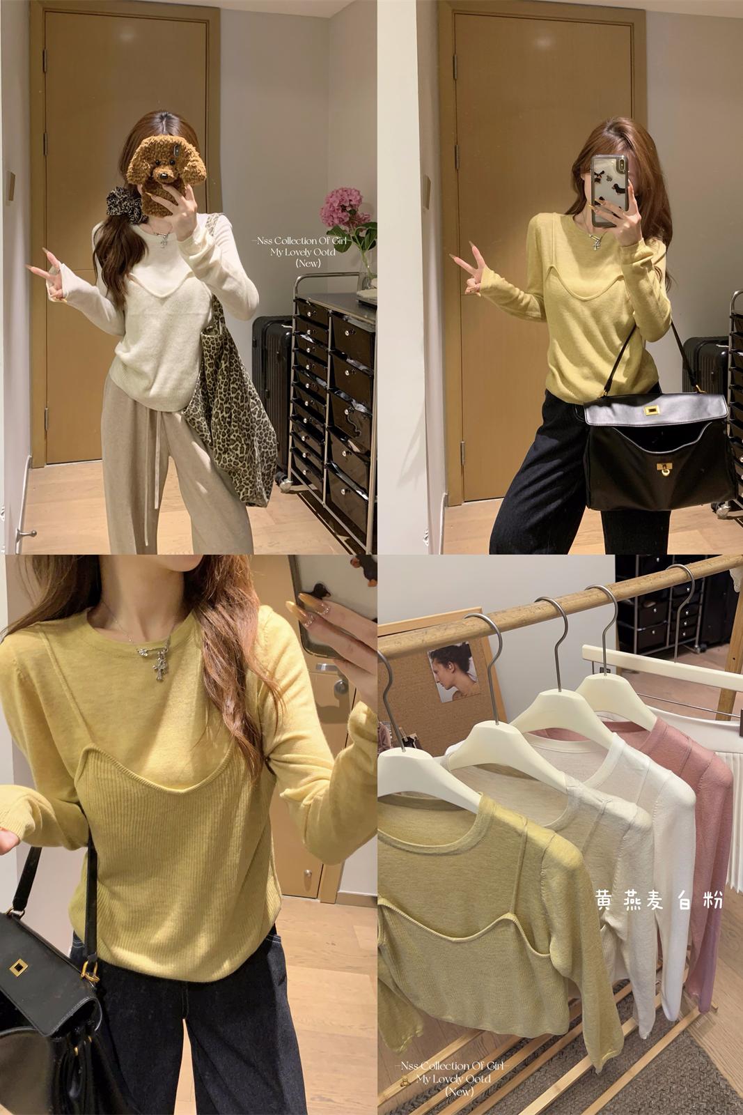 Real shot of autumn Korean style loose fake two-piece lazy and versatile 6 wool sweater bottoming long-sleeved top for women