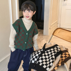 批发高品质】<b class='q'>男童</b>装套头毛衣秋冬装儿童男孩时髦格子<b class='q'>马甲</b>假两件针织衫