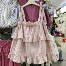 批发女童2024<b class='q'>夏</b>季新款甜美格纹撞色吊带女宝宝小清新露肩绑带无袖上衣