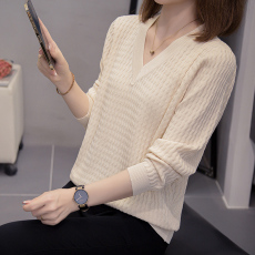 批发2026春秋新款V领勾花长袖<b class='q'>针织衫</b>上衣大码<b class='q'>女</b>装宽松简约毛衣打底衫