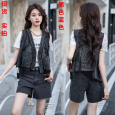 批发个性潮牌<b class='q'>街头</b>牛仔马甲女装2025夏秋新款网眼拼接水洗做旧短款坎肩