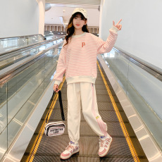 批发女童春装2026新款韩版儿童条纹卫衣春秋套装时髦中大童运动两件套