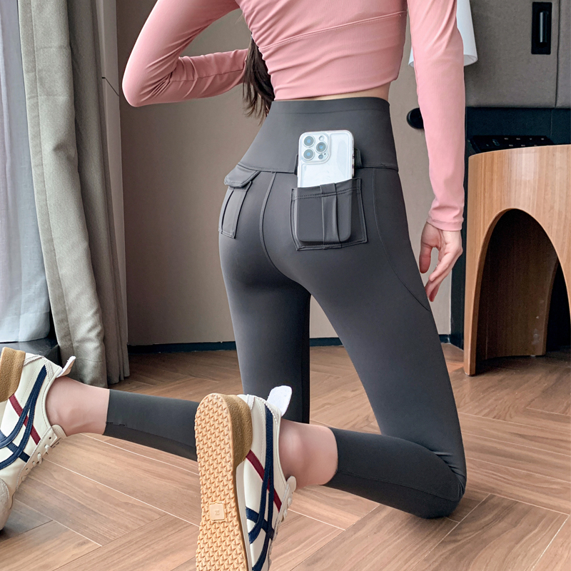 MY6891# 口袋瑜伽裤女高腰弹力紧身收腹提臀鲨鱼裤九分健身休闲打底裤女裝貨源服裝批發