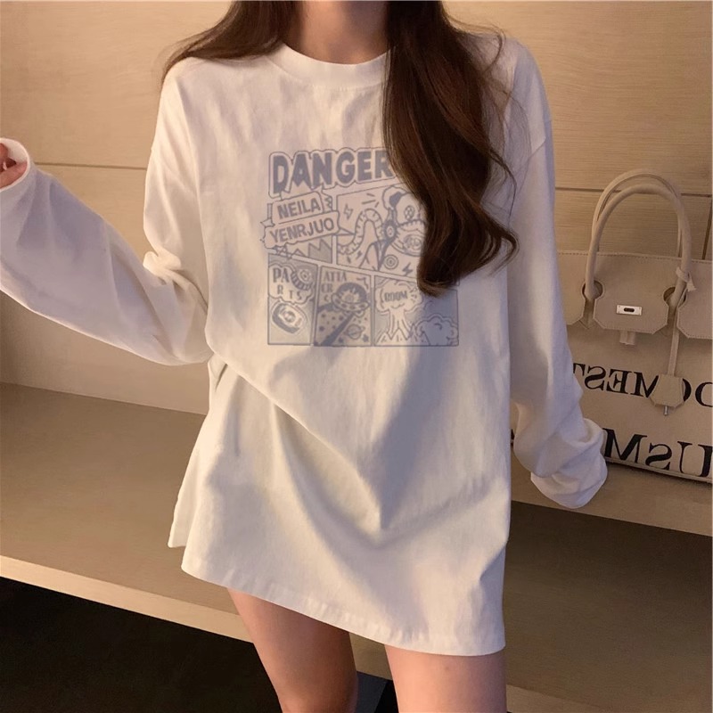 PF21527#薄款 纯棉精梳紧密赛络纺M-3XL 秋新款宽松长袖T恤女裝貨源服裝批發