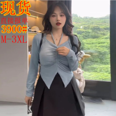 批发甜辣暴击微胖mm早<b class='q'>秋</b>新款辣妹V领长袖T恤性感抽绳设计感打底