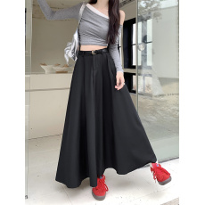批发实拍早秋季新款黑色垂感半身裙高腰a字裙显瘦纯色百搭大摆<b class='q'>长裙</b>子