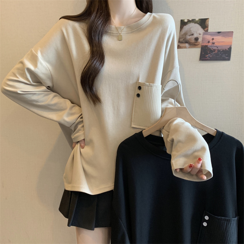 PF21254#新款长袖拼接圆领落肩袖套头卫衣女大码宽松百搭上衣女裝貨源服裝批發