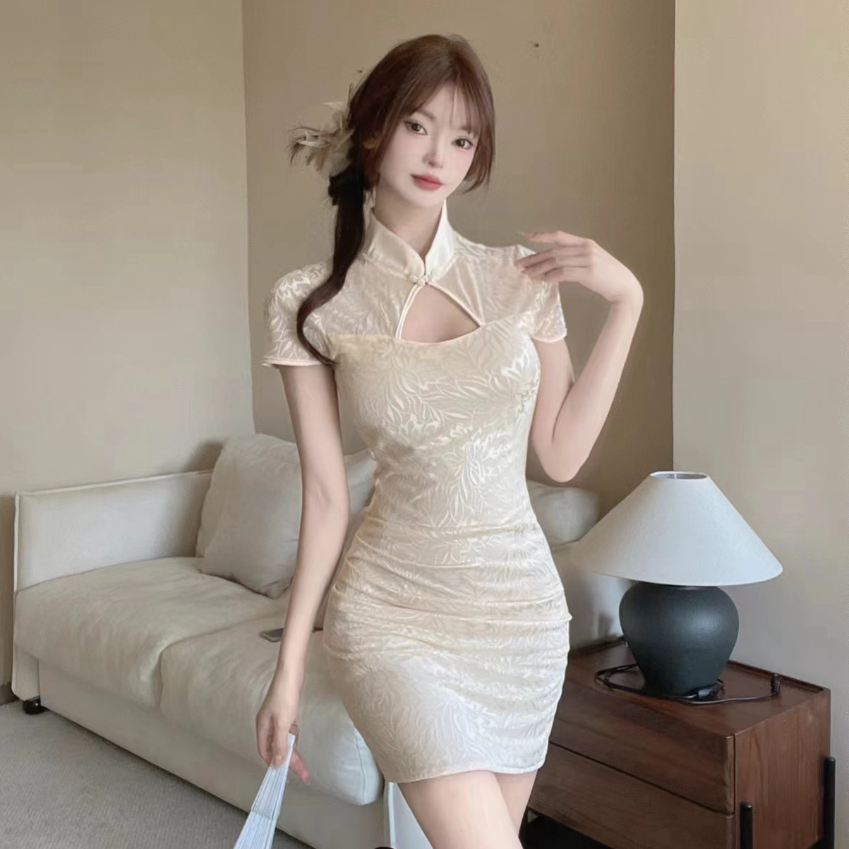 PF28976#古典中国风复古性感修身蕾丝短款改良旗袍包臀打底连衣裙女裝貨源服裝批發