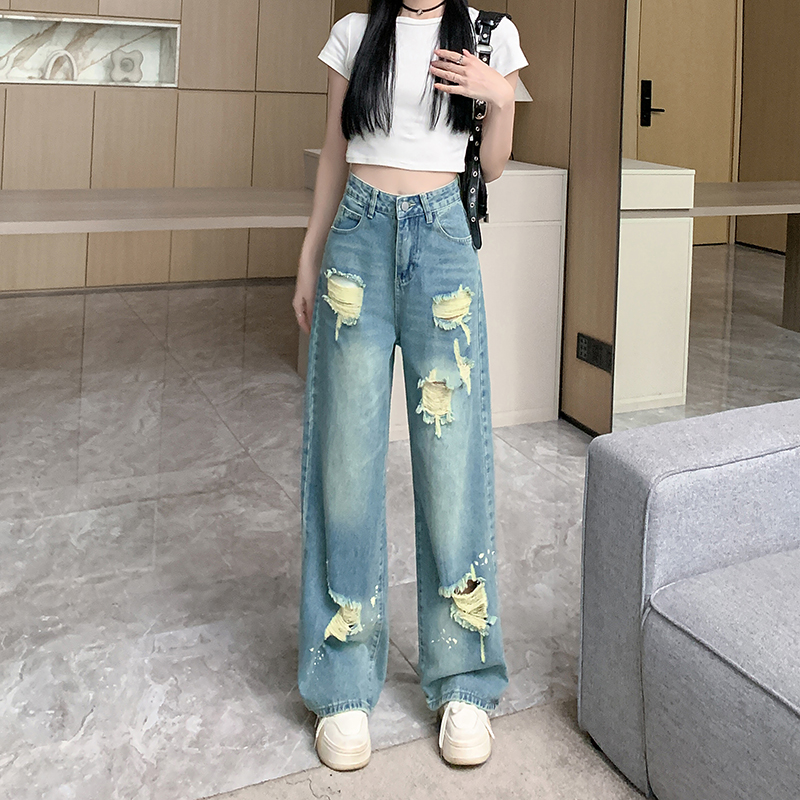 PF21278#破洞牛仔裤女夏季新款涂鸦高腰宽松显瘦直筒裤阔腿裤子女裝貨源服裝批發