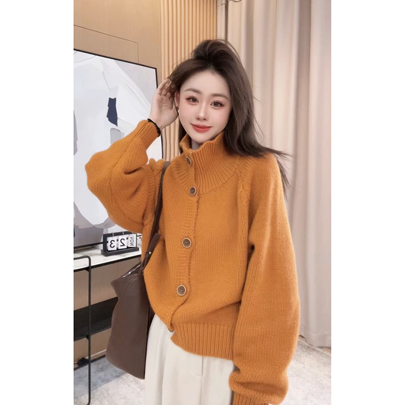 Korean style lazy style high collar knitted cardigan sweater jacket for women autumn and winter new style versatile slimming loose long-sleeved top