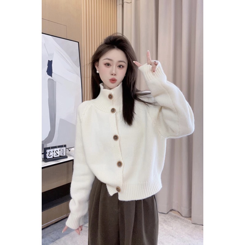 Korean style lazy style high collar knitted cardigan sweater jacket for women autumn and winter new style versatile slimming loose long-sleeved top