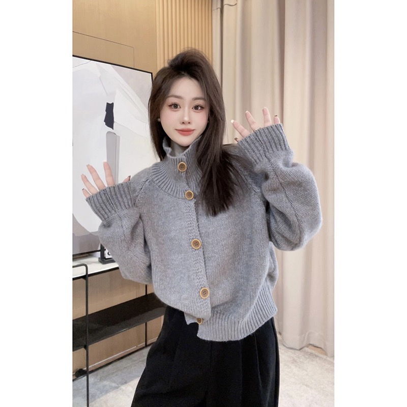 Korean style lazy style high collar knitted cardigan sweater jacket for women autumn and winter new style versatile slimming loose long-sleeved top