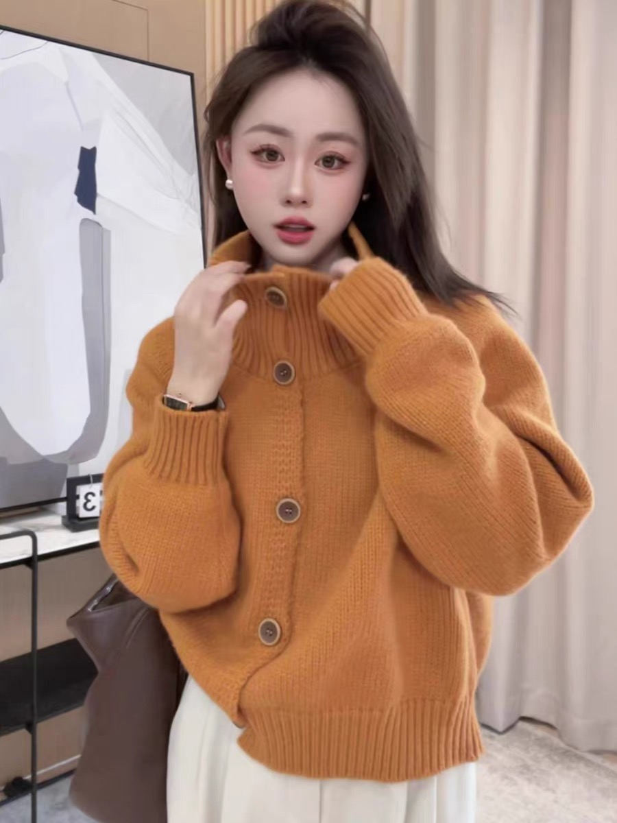 Korean style lazy style high collar knitted cardigan sweater jacket for women autumn and winter new style versatile slimming loose long-sleeved top