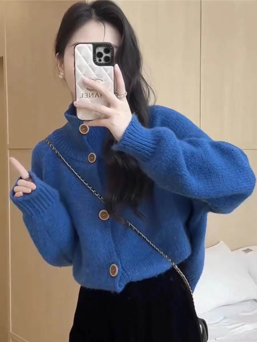 Korean style lazy style high collar knitted cardigan sweater jacket for women autumn and winter new style versatile slimming loose long-sleeved top