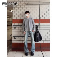 批发假两件华夫格上衣男春秋款美式复古纯色长袖V领设计感百搭T恤