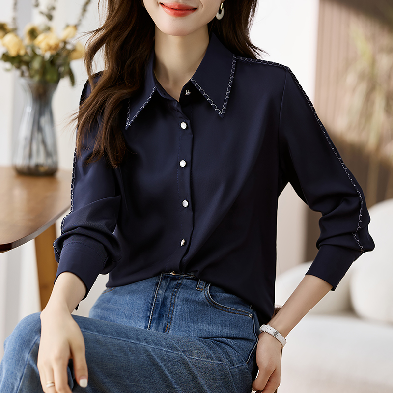 PF21282#洋气休闲秋季新款女装翻领雪纺衫上衣开衫衬衫打底衫衬衣女裝貨源服裝批發