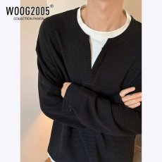 批发<b class='q'>韩</b>简约假两件拼接长袖T恤男女纯色华夫格设计感宽松情侣上衣