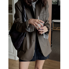 现huo 韩国chic春 气质 宽松 西装领 长袖pu皮衣外套