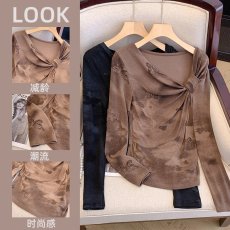 批发实拍 秋装新款法式气质性感斜领鱼骨上衣褶皱修身长袖辣妹<b class='q'>T</b><b class='q'>恤</b>女