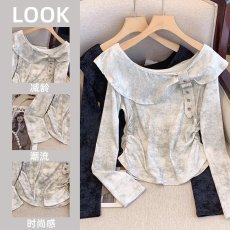 批发实拍新款氛围感肩带斜肩荷叶边<b class='q'>T</b><b class='q'>恤</b>女修身辣妹设计感小众女秋新款