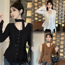 批发大码2024秋季新款设计感不规则底摆喇叭袖口V领脖系带肌理纹上衣