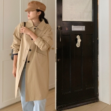 批发<b class='q'>韩国</b>chic春季韩版复古休闲简约翻领单排扣百搭中长款薄款<b class='q'>风衣</b>外套