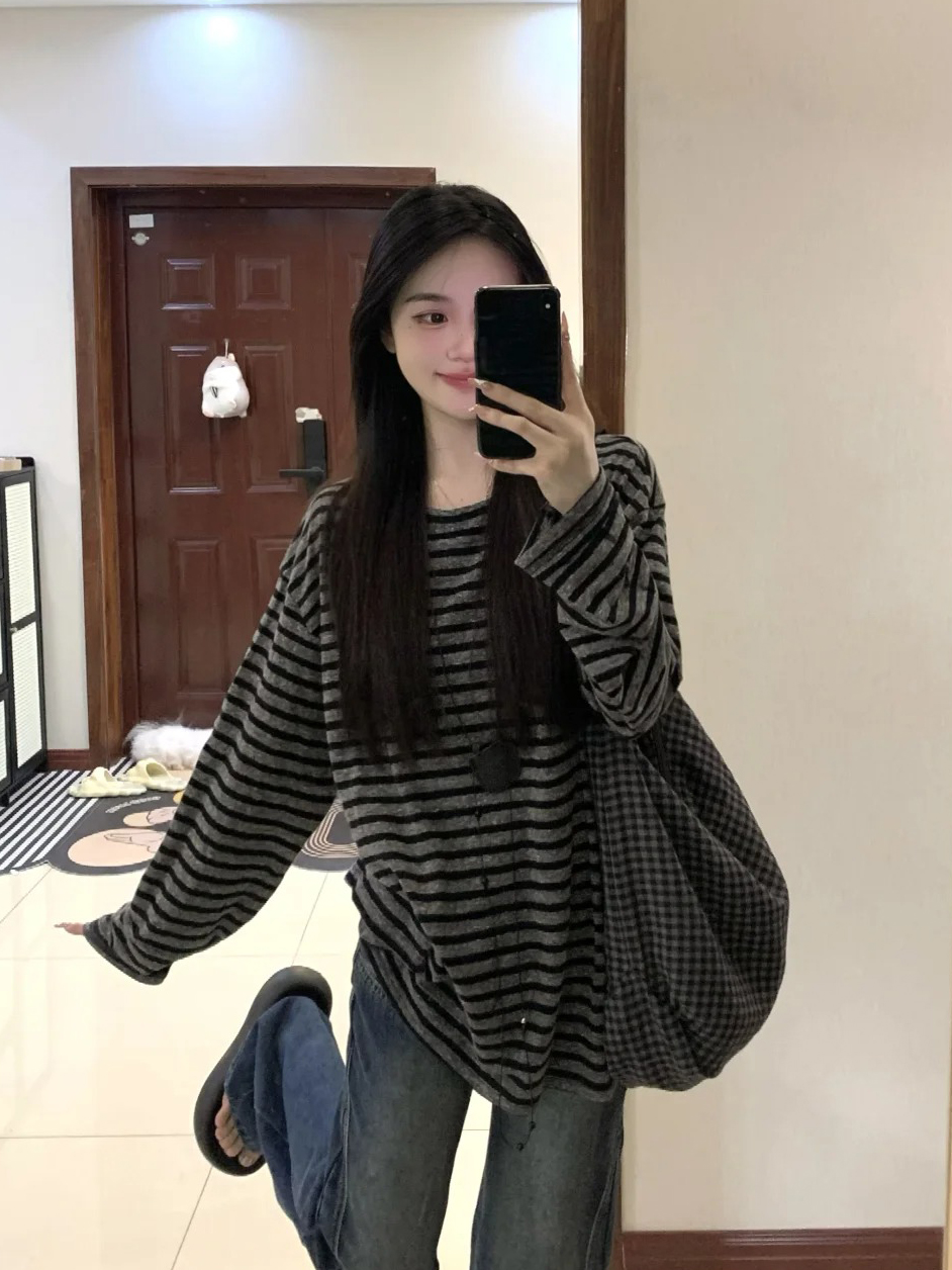Striped long-sleeve t-shirt for women, new early autumn fashion, American style hot girl loose top