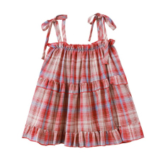 批发女宝宝短款无袖上衣2024<b class='q'>夏</b>新款女童韩版撞色格纹蝴蝶结绑带吊带衫