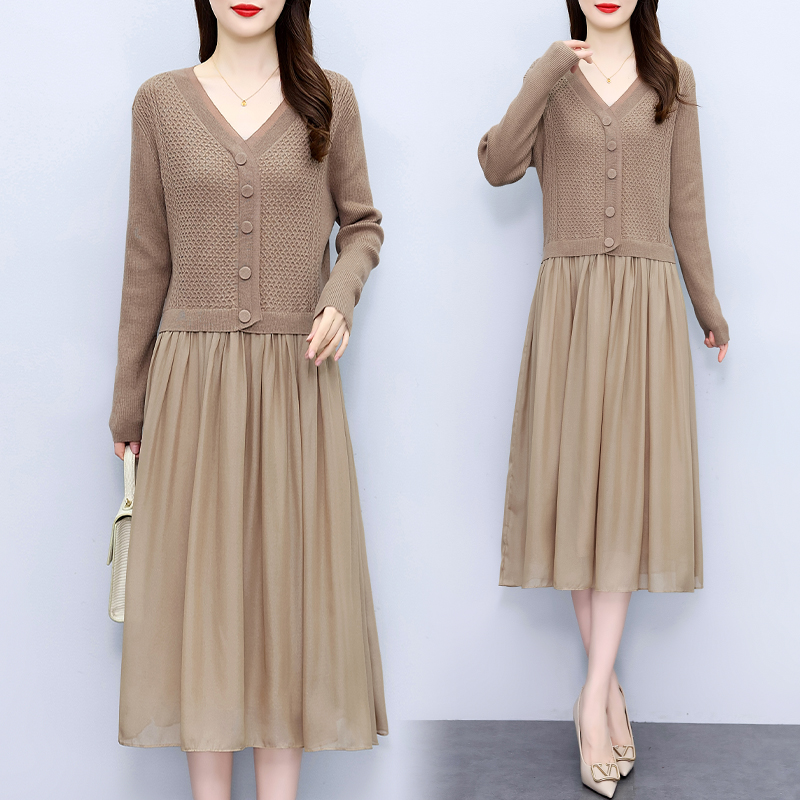 PF21428# 复古拼接假两件连衣裙女2024秋冬新款长袖内搭打底针织优雅长裙女裝貨源服裝批發