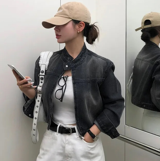 있음 선적 chic 개성 스탠드 칼라 쇼트 스타일 데님 재킷