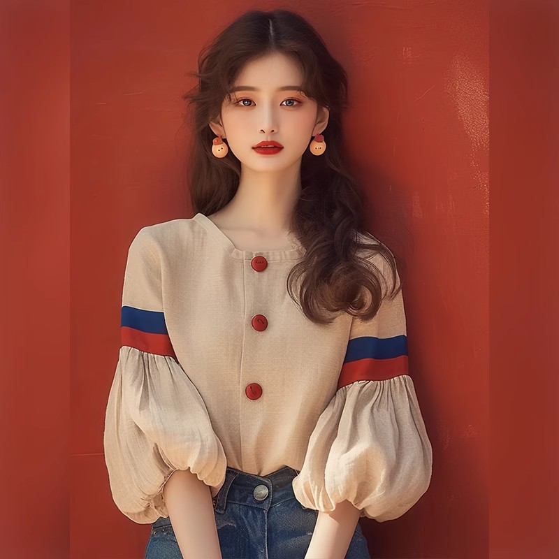 2026 봄 새로운 프랑스식 작은 대중 디자인 센스 고유 한 슈퍼 잘 생긴 외국 가스 연령 감소 살구 색상 벌룬 소매 여성 셔츠