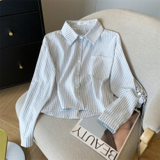 批发实拍◆基础短款条纹<b class='q'>衬衫女</b>长袖高级感小众港味衬衣纯棉