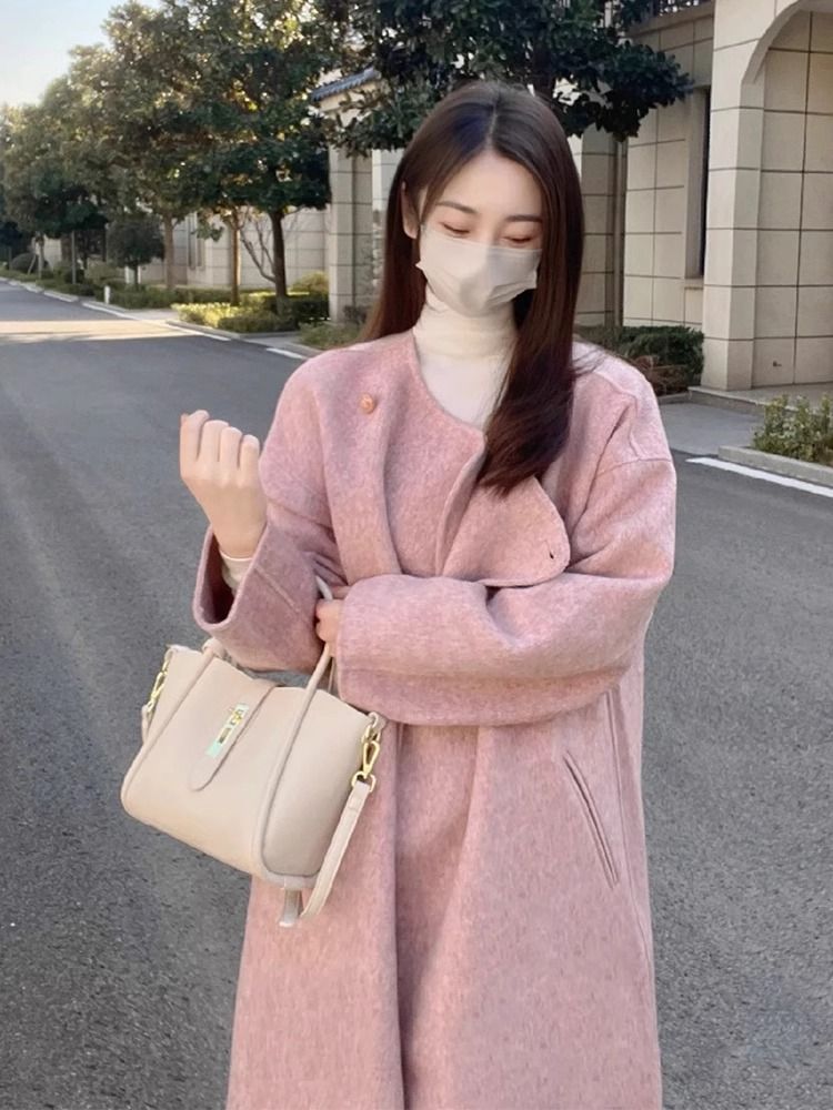 고급 센스 그는 벤 바람 핑크색 모직 여성 코트 가을 겨울 새로운 한국 스타일 작은 키 루즈핏 슬림해 보이는 모직 코트